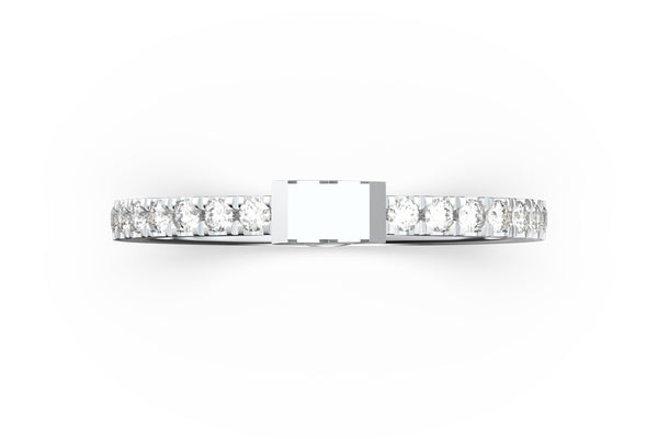 Top view of 14k white gold diamond pavé diamond slice ring, featuring length and look of slice ring design, white diamonds