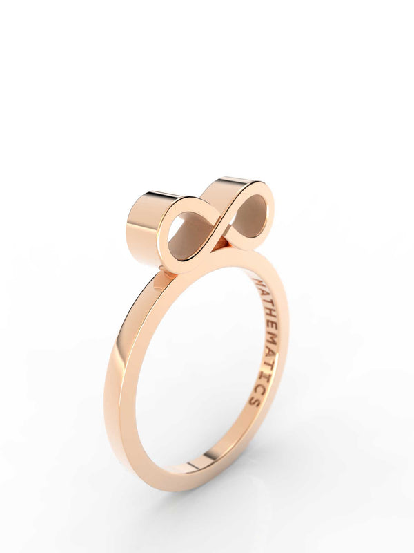 Top view of 14k yellow gold infinity slice ring, featuring length and look of slice ring design