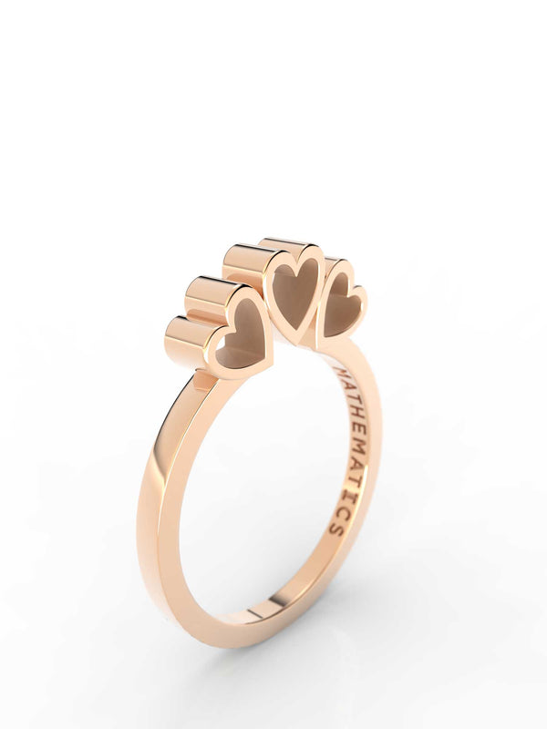 Top view of 14k yellow gold triple heart slice ring, featuring length and look of slice ring design
