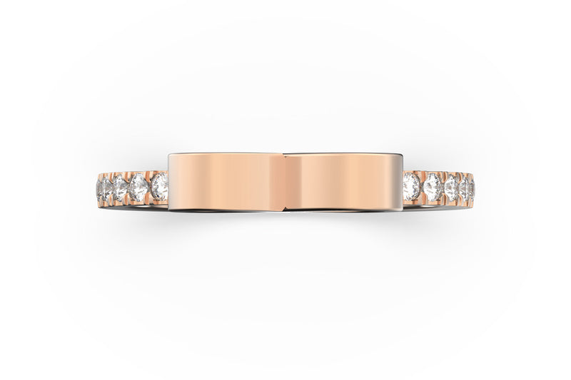 Isometric view of 14k white gold diamond pavé infinity slice ring, featuring architectural slice design and white diamonds