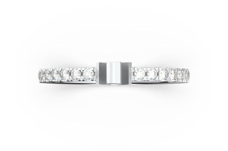 Top view of 14k white gold diamond pavé anchor slice ring, featuring length and look of slice ring design, white diamonds