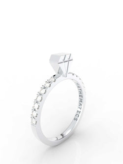 Isometric view of 14k rose gold diamond pavé diamond slice ring, featuring architectural slice design and white diamonds