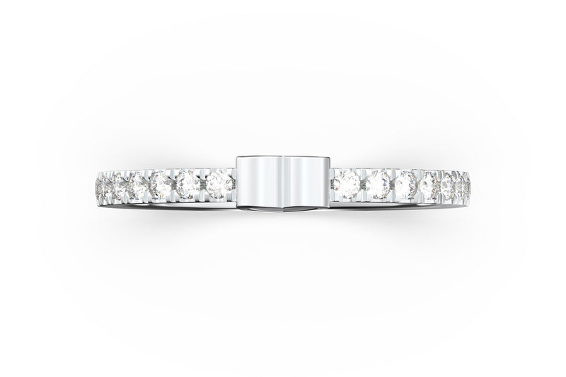 Top view of 14k white gold diamond pavé heart slice ring, featuring length and look of slice ring design, white diamonds