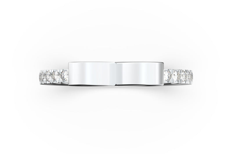 Top view of 14k white gold diamond pavé infinity slice ring, featuring length and look of slice ring design, white diamonds
