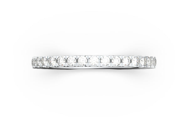Top view of 14k white gold diamond pavé stacking band, featuring length and look of slice ring design, white diamonds