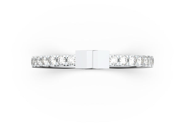 Top view of 14k white gold diamond pavé star slice ring, featuring length and look of slice ring design, white diamonds