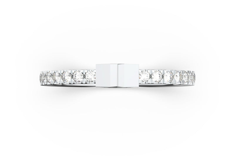 Top view of 14k white gold diamond pavé star slice ring, featuring length and look of slice ring design, white diamonds