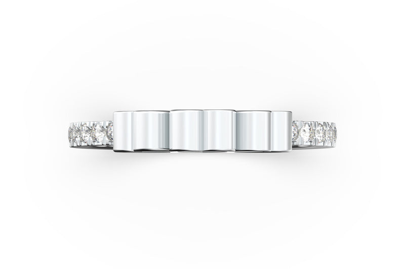 Top view of 14k white gold diamond pavé triple heart slice ring, featuring length and look of slice ring design, white diamonds