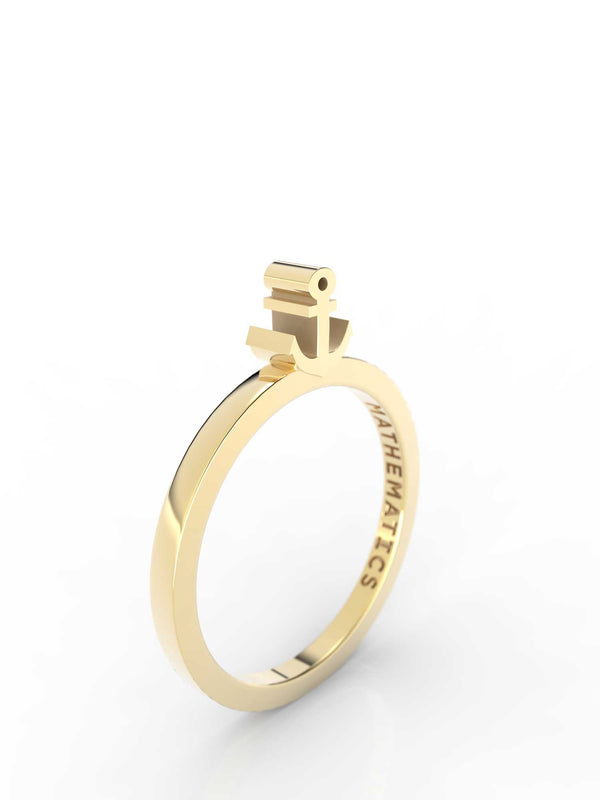Isometric view of 14k yellow gold anchor slice ring, featuring architectural slice design