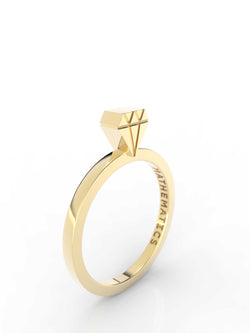 Isometric view of 14k yellow gold diamond slice ring, featuring architectural slice design