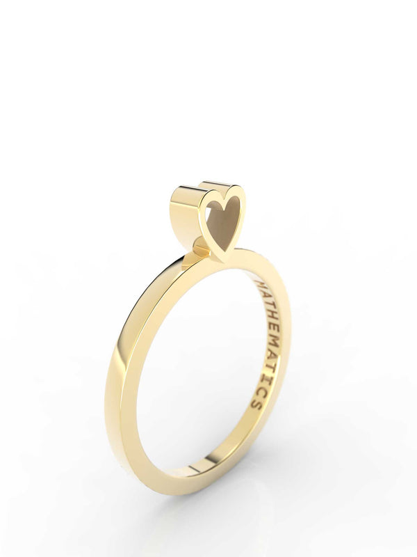 Isometric view of 14k yellow gold heart slice ring, featuring architectural slice design