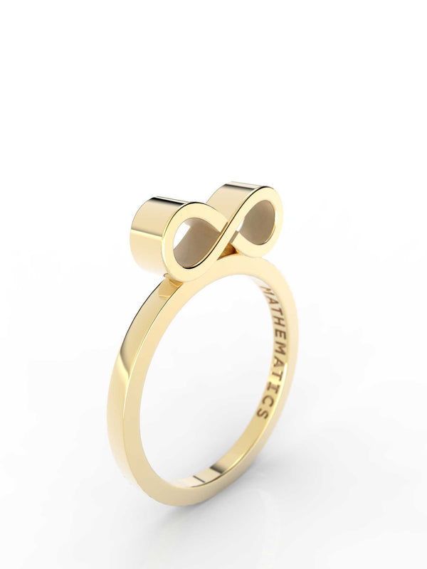 Isometric view of 14k yellow gold infinity slice ring, featuring architectural slice design