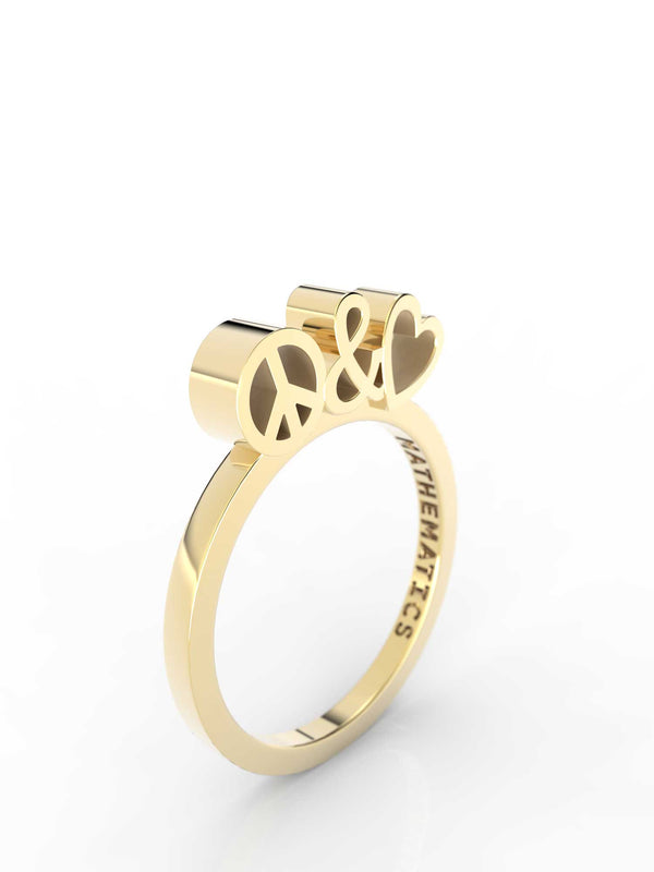 Isometric view of 14k yellow gold peace and love slice ring, featuring architectural slice design