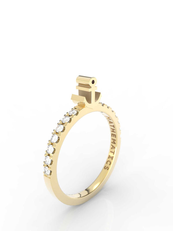 Isometric view of 14k yellow gold diamond pavé anchor slice ring, featuring architectural slice design and white diamonds