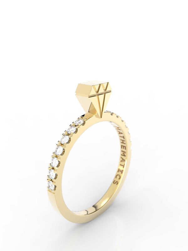 Isometric view of 14k yellow gold diamond slice ring, featuring architectural slice design, set with diamond pavé and white diamonds