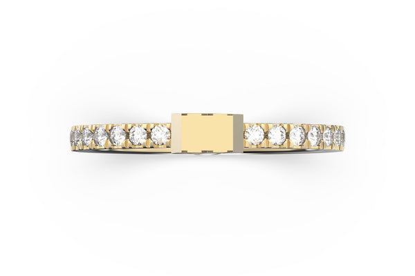 Top view of 14k rose gold diamond pavé diamond slice ring, featuring length and look of slice ring design, white diamonds