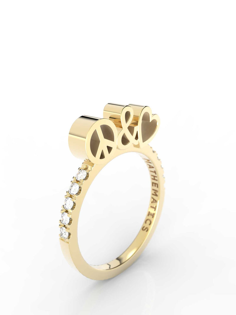 Isometric view of 14k yellow gold diamond pavé peace and love slice ring, featuring architectural slice design and white diamonds