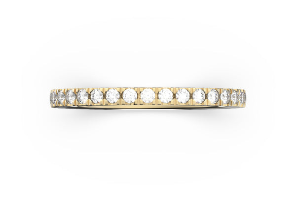 Top view of 14k rose gold diamond pavé stacking band, featuring length and look of slice ring design, white diamonds
