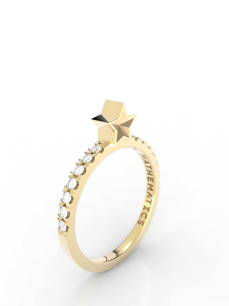 Isometric view of 14k yellow gold diamond pavé star slice ring, featuring architectural slice design and white diamonds