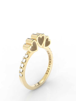 Isometric view of 14k yellow gold diamond pavé triple heart slice ring, featuring architectural slice design and white diamonds